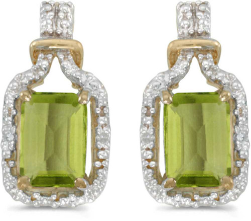 Image of 14k Yellow Gold Emerald-cut Peridot And Diamond Stud Earrings