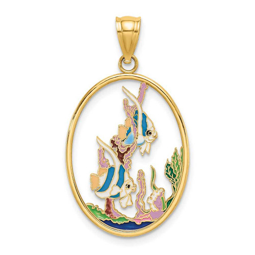 Image of 14K Yellow Gold Enamel Angelfish In Underwater Scene Pendant