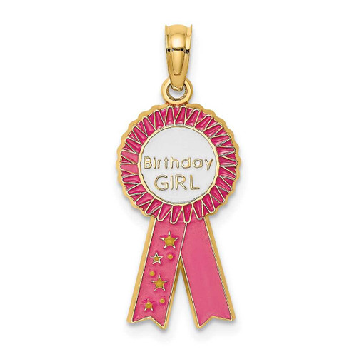 Image of 14K Yellow Gold Enamel Birthday Girl Pink Ribbon Pendant