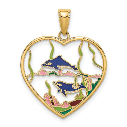Image of 14K Yellow Gold Enamel Dolphins In Heart Pendant