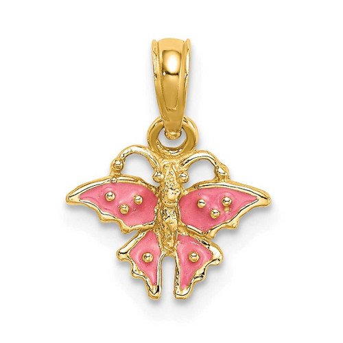 Image of 14K Yellow Gold Enamel Mini Pink Butterfly Pendant