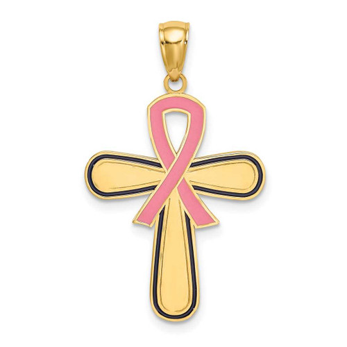 Image of 14K Yellow Gold Enamel Pink Ribbon Breast Cancer Cross Pendant