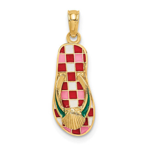 Image of 14K Yellow Gold Enamel Shell On Red Checkered Flip-Flop Pendant