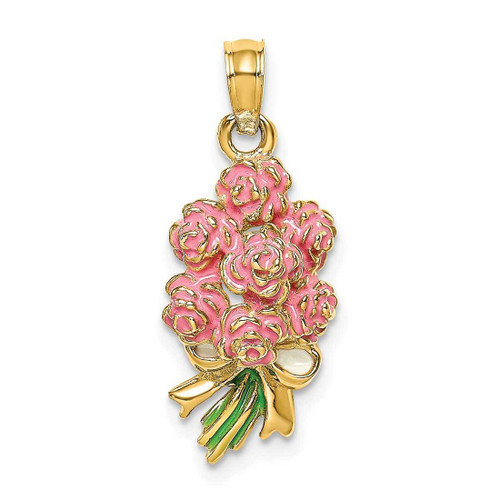 Image of 14K Yellow Gold Enameled Bouquet of Pink Roses Pendant