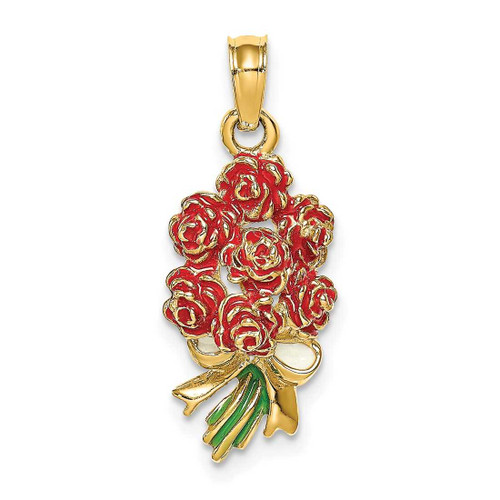Image of 14K Yellow Gold Enameled Bouquet of Red Roses Pendant