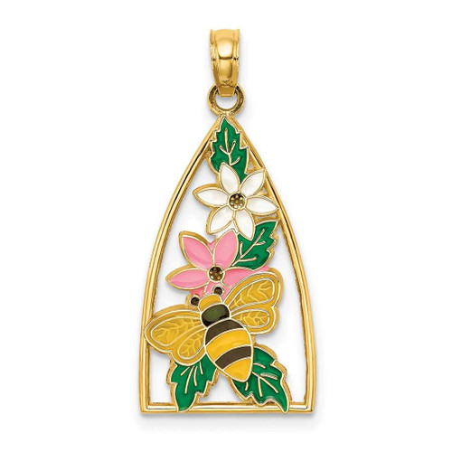 Image of 14K Yellow Gold Enameled Bumblebee and Flowers Triangle Pendant