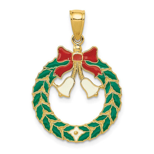 Image of 14K Yellow Gold Enameled Christmas Wreath Pendant