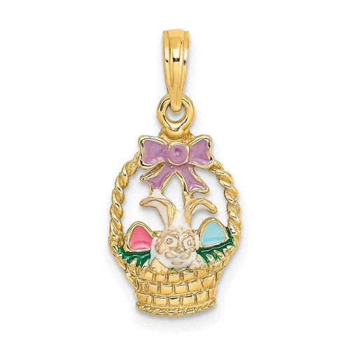 Image of 14K Yellow Gold Enameled Easter Basket w/ Bunny, Bow & Eggs Pendant