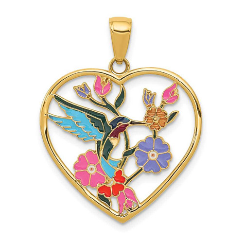 Image of 14K Yellow Gold Enameled Hummingbird w/ Flowers Heart Pendant