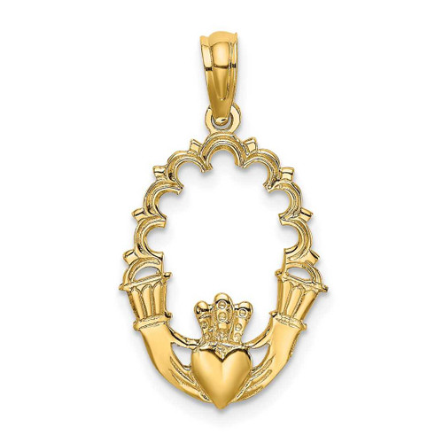 Image of 14K Yellow Gold Engraved Claddagh In Oval w/ Lace Trim Pendant