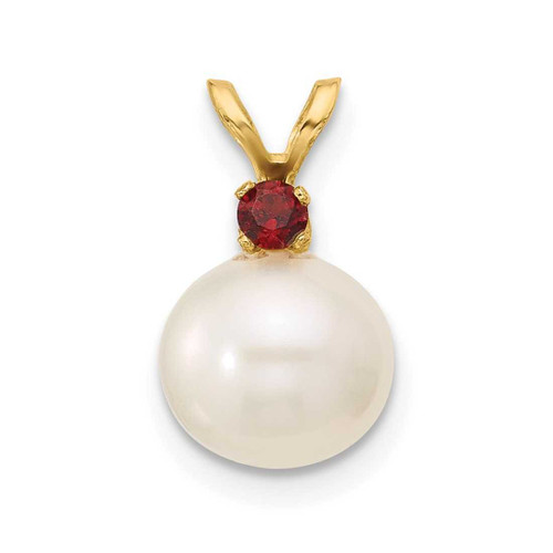 Image of 14K Yellow Gold Garnet 8-8.5mm White Round Freshwater Cultured Pearl Pendant