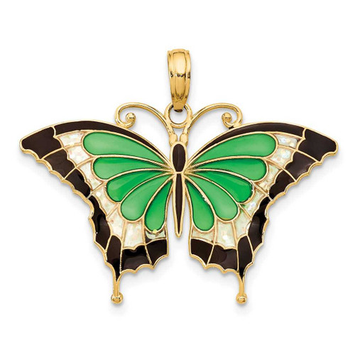 Image of 14K Yellow Gold Green Enameled Butterfly Pendant