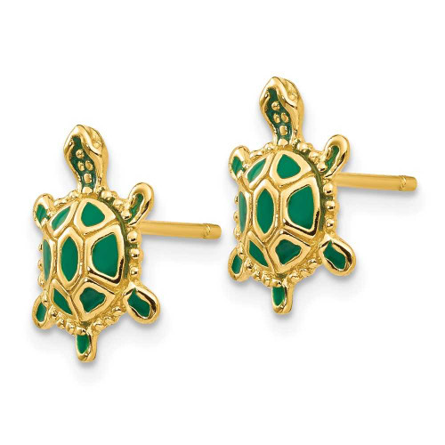 Image of 12mm 14K Yellow Gold Green Enameled Turtle Stud Post Earrings