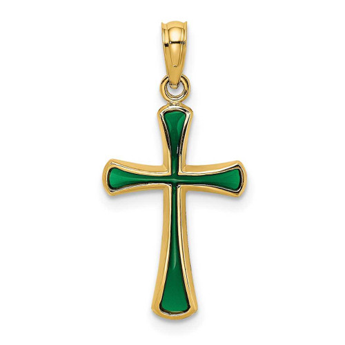 Image of 14K Yellow Gold Green Stained Glass Tapered Cross Pendant