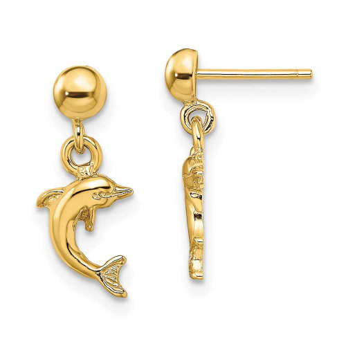 Image of 16.25mm 14K Yellow Gold Mini Jumping Dolphin Dangle Earrings