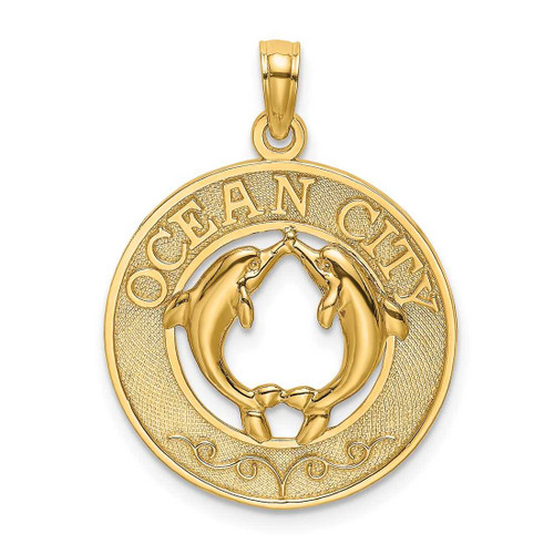 Image of 14K Yellow Gold Ocean City Round Frame w/ Dolphins Pendant
