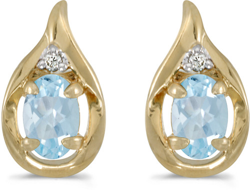 14k Yellow Gold Oval Aquamarine And Diamond Stud Earrings (CM-E1241X-03)