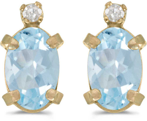 Image of 14k Yellow Gold Oval Aquamarine And Diamond Stud Earrings (CM-E2209X-03)
