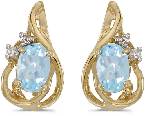 Image of 14k Yellow Gold Oval Aquamarine And Diamond Teardrop Stud Earrings