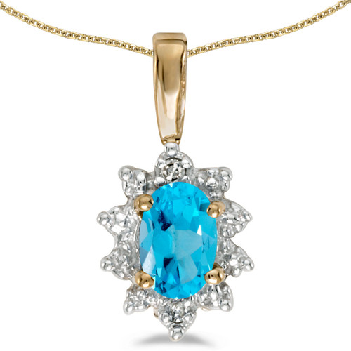 14k Yellow Gold Oval Blue Topaz And Diamond Pendant (Chain NOT included)