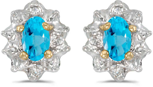 Image of 14k Yellow Gold Oval Blue Topaz And Diamond Stud Earrings