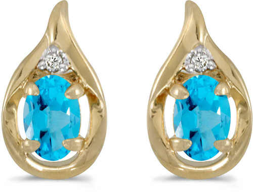 Image of 14k Yellow Gold Oval Blue Topaz And Diamond Stud Earrings (CM-E1241X-12)