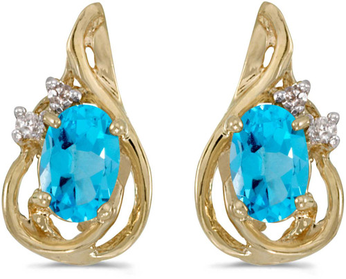 Image of 14k Yellow Gold Oval Blue Topaz And Diamond Teardrop Stud Earrings