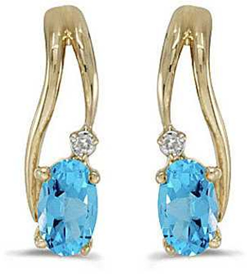 Image of 14k Yellow Gold Oval Blue Topaz And Diamond Wave Earrings