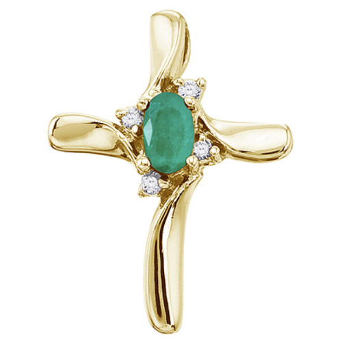 Image of 14K Yellow Gold Oval Emerald & Diamond Cross Pendant (Chain NOT included)