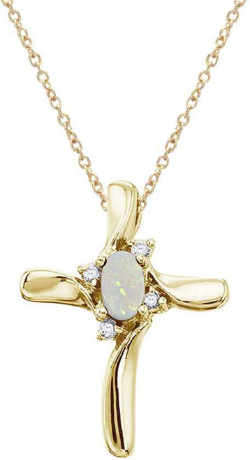 Image of 14K Yellow Gold Oval Opal & Diamond Cross Pendant (Chain NOT included)