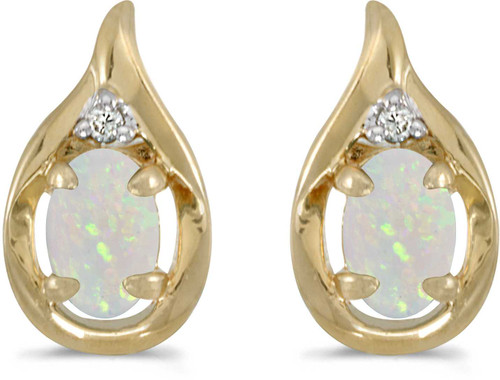 Image of 14k Yellow Gold Oval Opal And Diamond Stud Earrings (CM-E1241X-10)