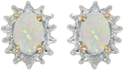 Image of 14k Yellow Gold Oval Opal And Diamond Stud Earrings (CM-E1342X-10)