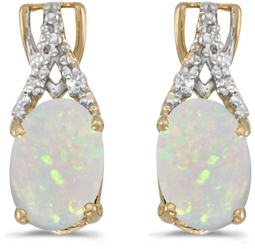 Image of 14k Yellow Gold Oval Opal And Diamond Stud Earrings (CM-E2620X-10)
