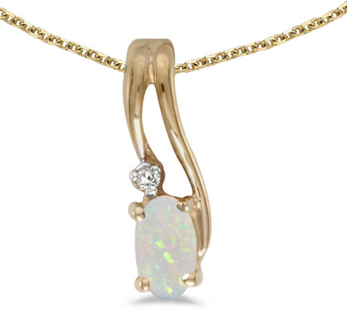 Image of 14k Yellow Gold Oval Opal And Diamond Wave Pendant (Chain NOT included)