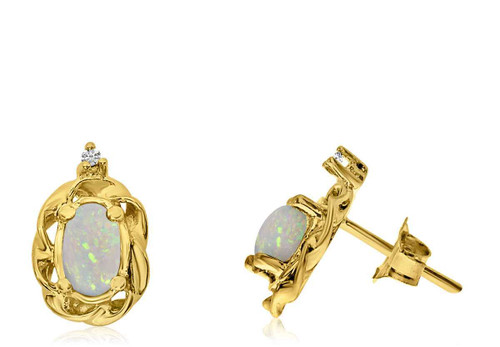 Image of 14K Yellow Gold Oval Opal Scroll Diamond Earrings