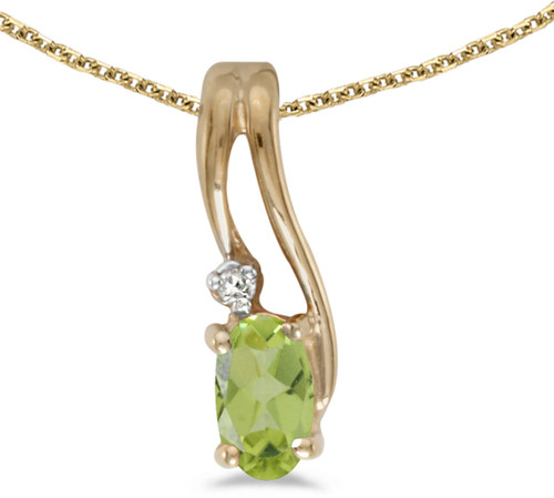 14k Yellow Gold Oval Peridot And Diamond Wave Pendant (Chain NOT included)