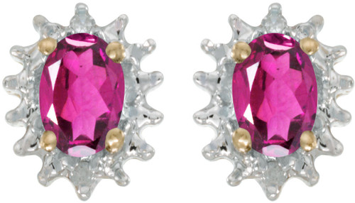 14k Yellow Gold Oval Pink Topaz And Diamond Stud Earrings (CM-E1342X-PT)