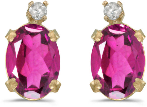 14k Yellow Gold Oval Pink Topaz And Diamond Stud Earrings (CM-E6411X-PT)