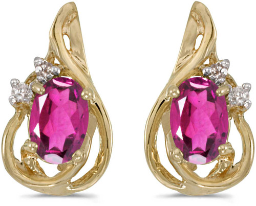 Image of 14k Yellow Gold Oval Pink Topaz And Diamond Teardrop Stud Earrings