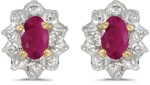 Image of 14k Yellow Gold Oval Ruby And Diamond Stud Earrings