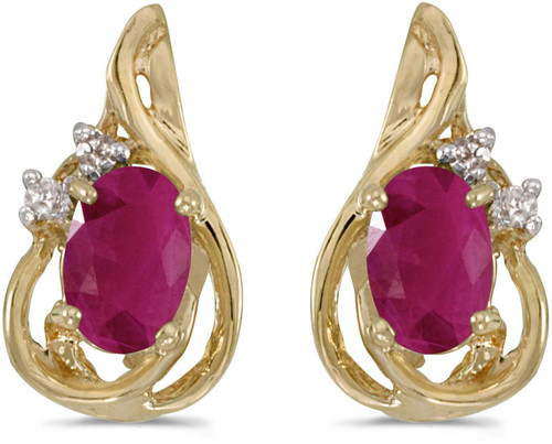 Image of 14k Yellow Gold Oval Ruby And Diamond Teardrop Stud Earrings