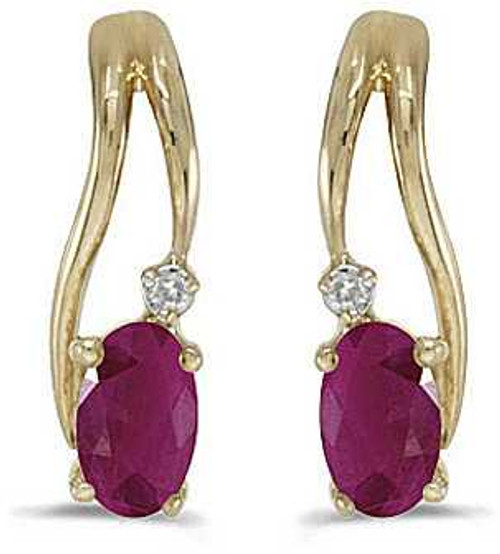 Image of 14k Yellow Gold Oval Ruby And Diamond Wave Earrings