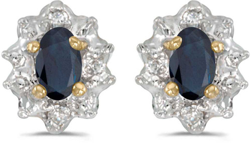 Image of 14k Yellow Gold Oval Sapphire And Diamond Stud Earrings