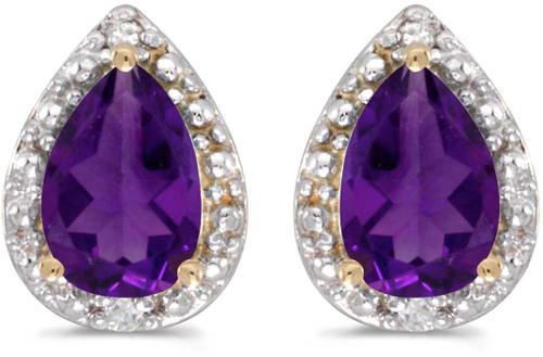 Image of 14k Yellow Gold Pear Amethyst And Diamond Stud Earrings