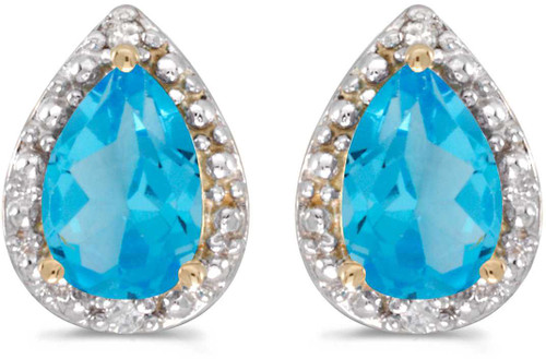 Image of 14k Yellow Gold Pear Blue Topaz And Diamond Stud Earrings