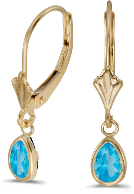 Image of 14k Yellow Gold Pear Blue Topaz Bezel Lever-back Earrings