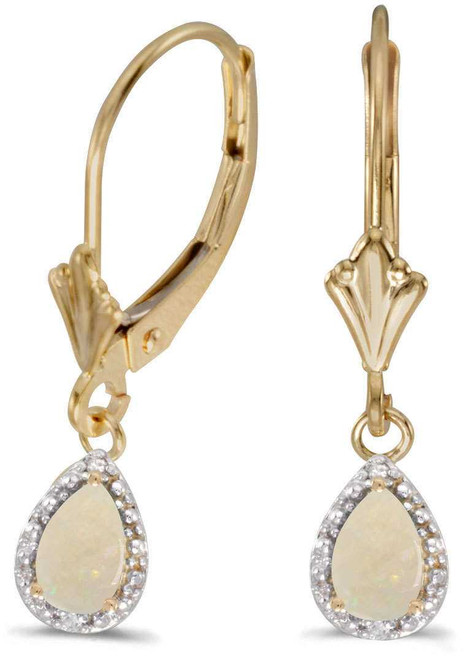 Image of 6mm 14K Yellow Gold Pear Opal & Diamond Leverback Earrings