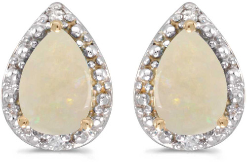 Image of 14k Yellow Gold Pear Opal And Diamond Stud Earrings