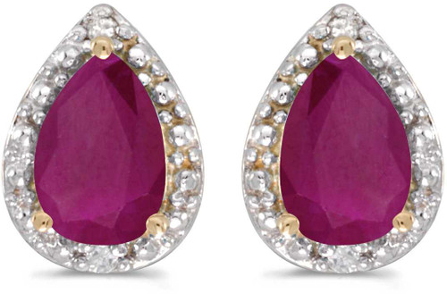 Image of 14k Yellow Gold Pear Ruby And Diamond Stud Earrings