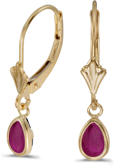 Image of 14k Yellow Gold Pear Ruby Bezel Lever-back Earrings